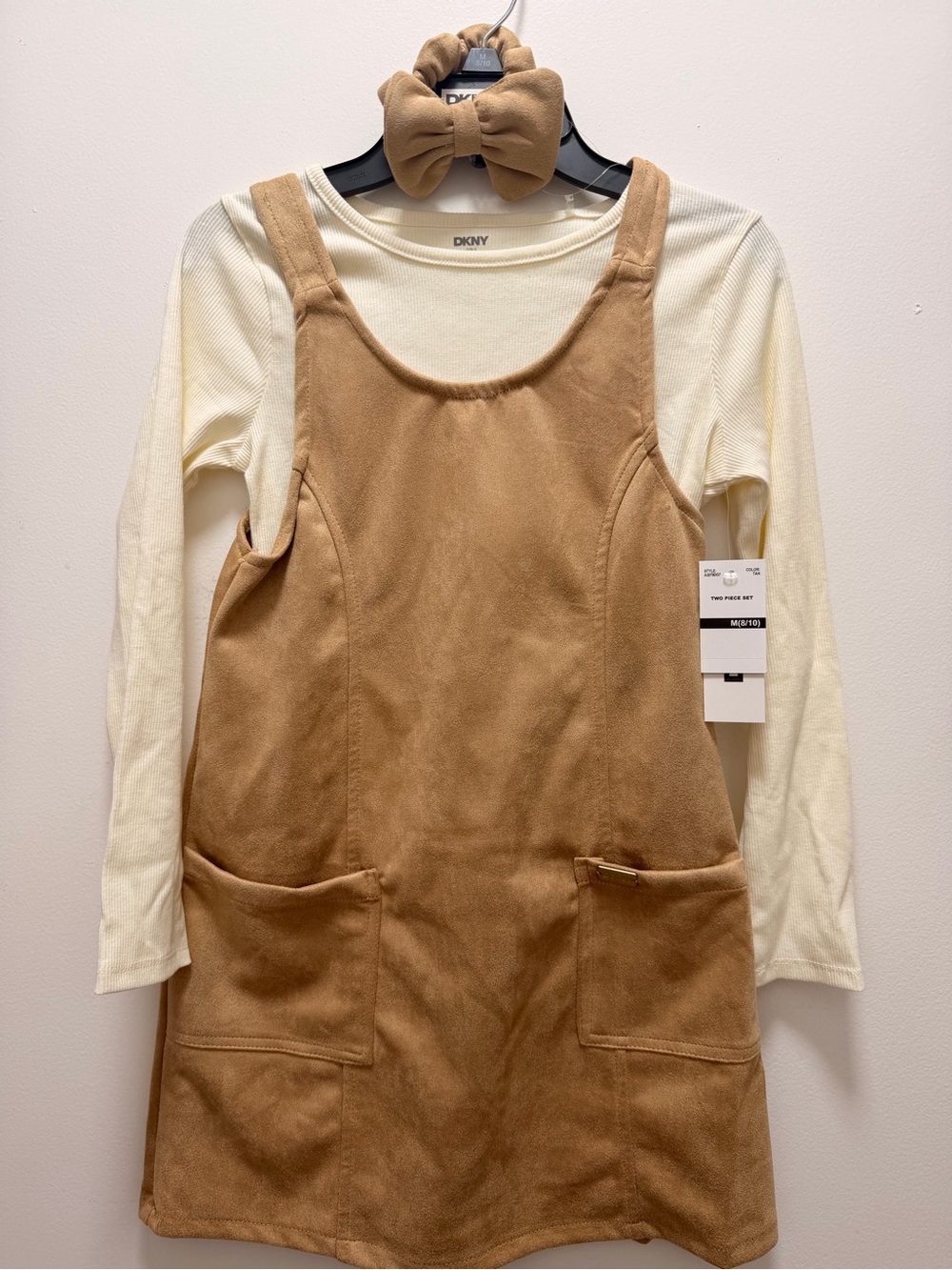 Dkny Cream Top with Tan Pinafore Dress and Bow